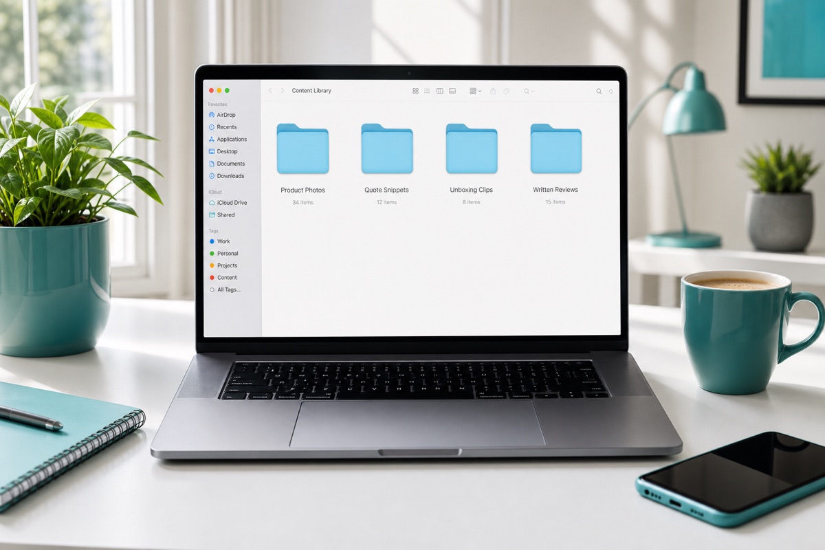 Laptop displaying organized digital content library.