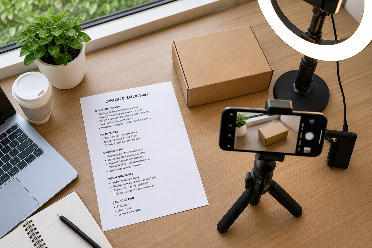 content creation setup with brief and filming equipment