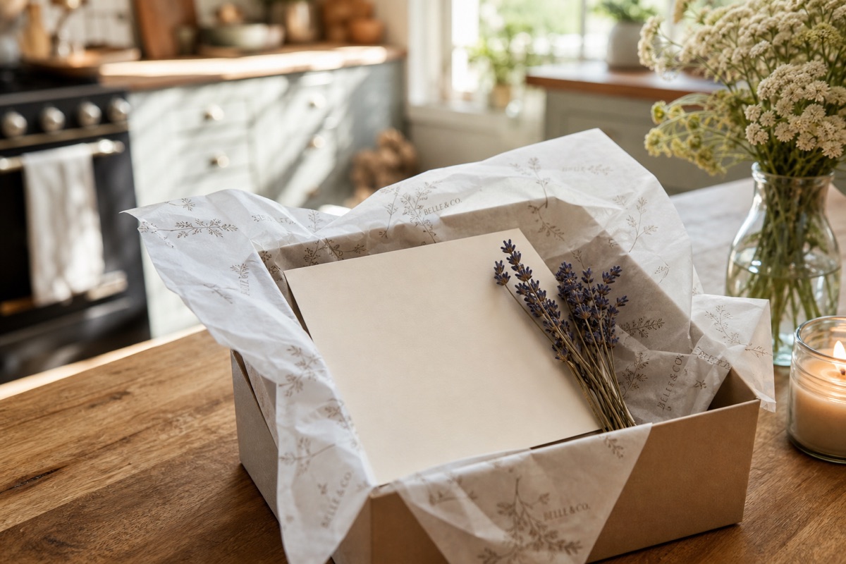 Gift box with lavender sprigs and paper on wooden counter.