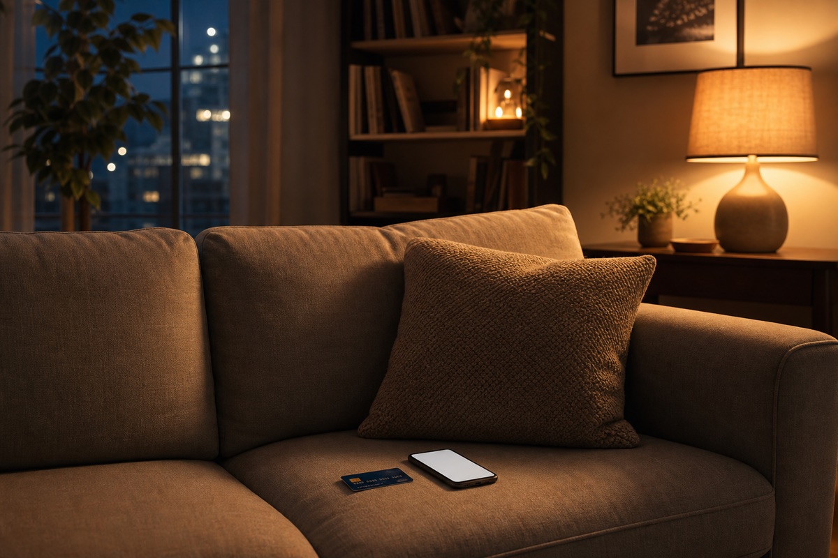 Cozy living room with sofa, smartphone, and credit card.