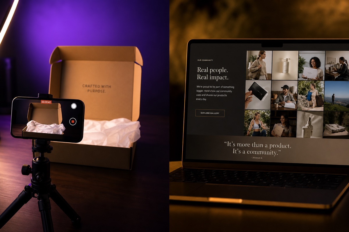 Unboxing video setup and community-focused website display.
