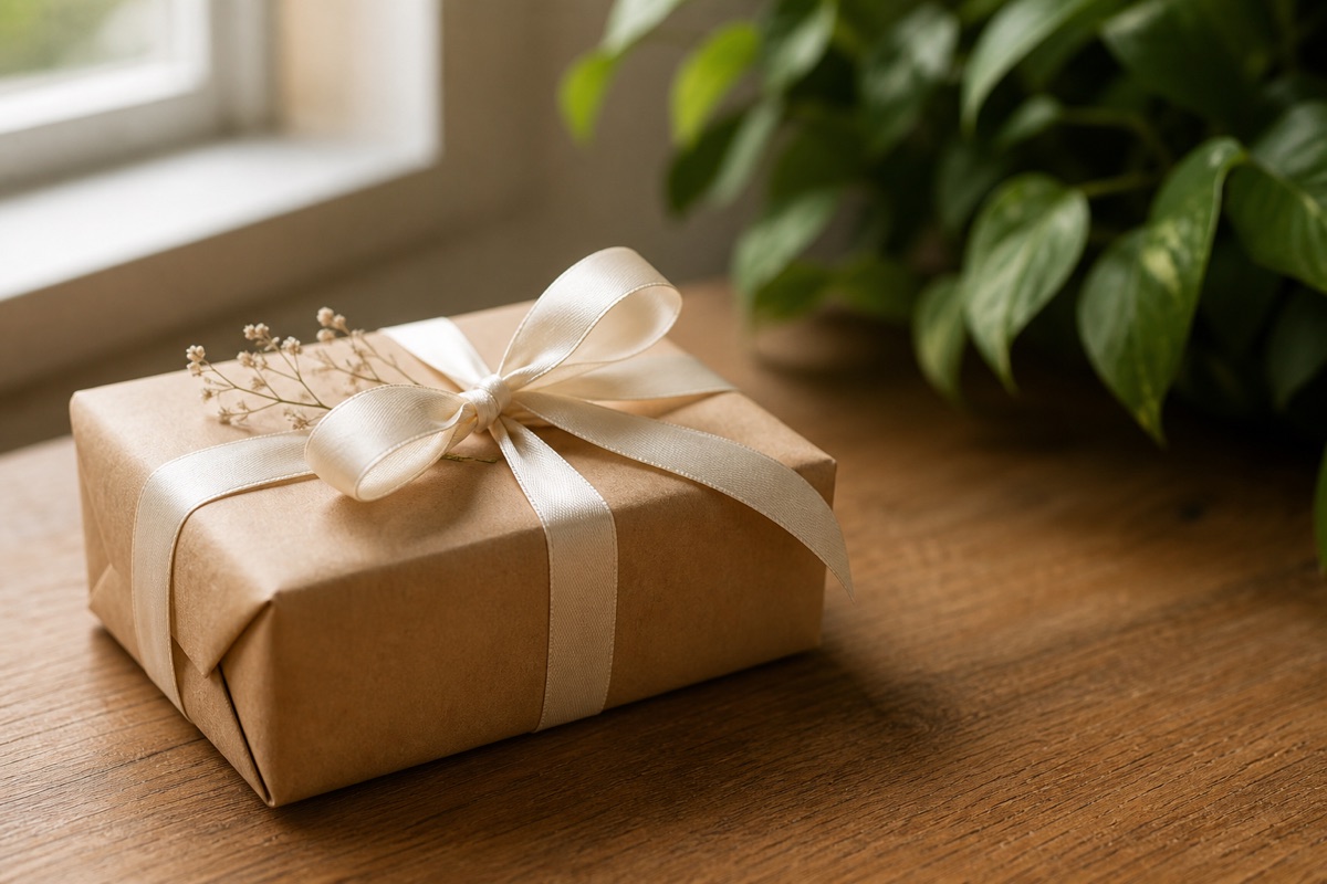 elegant gift box with ribbon on wooden table.