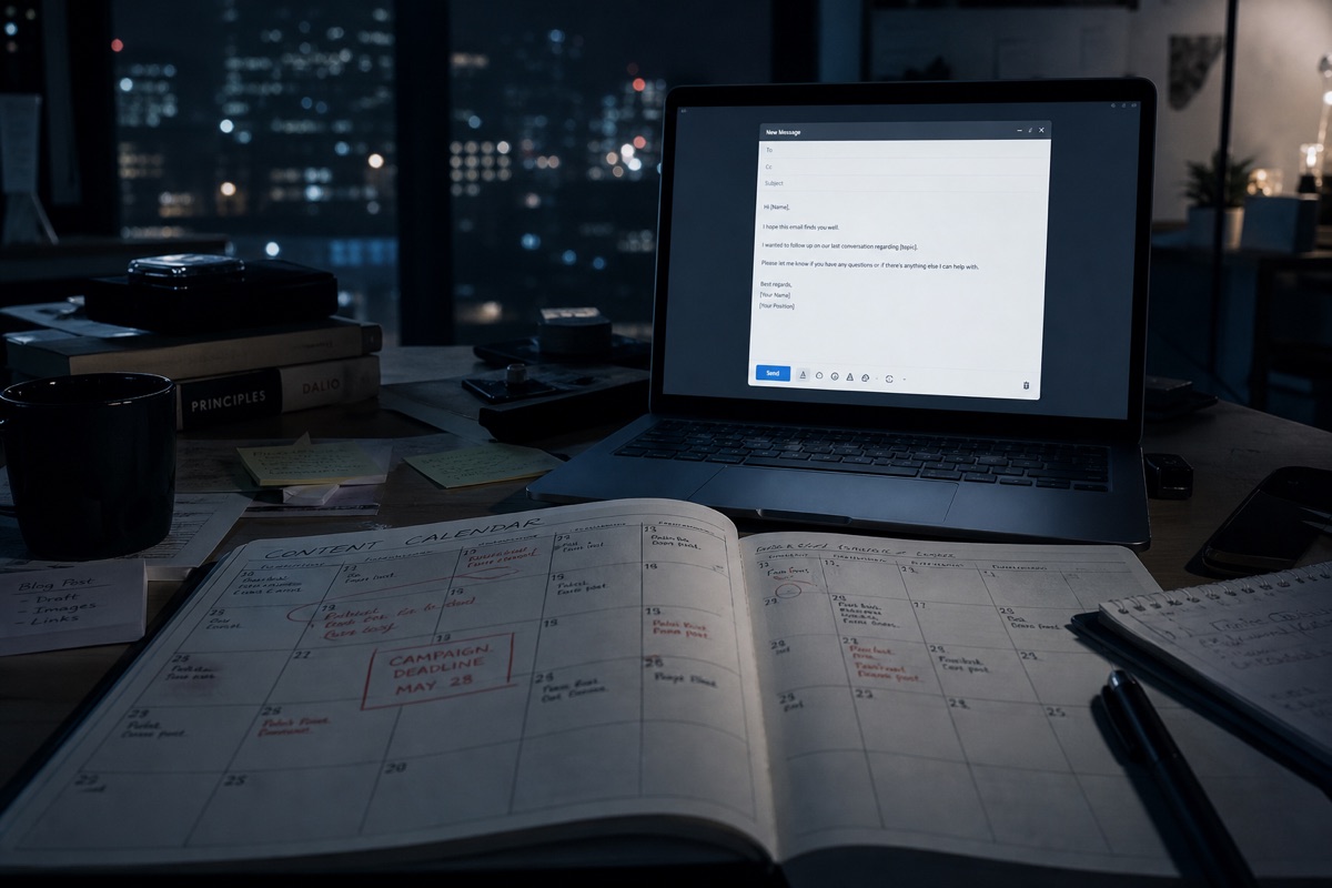 Laptop showing email draft with calendar and books on desk.